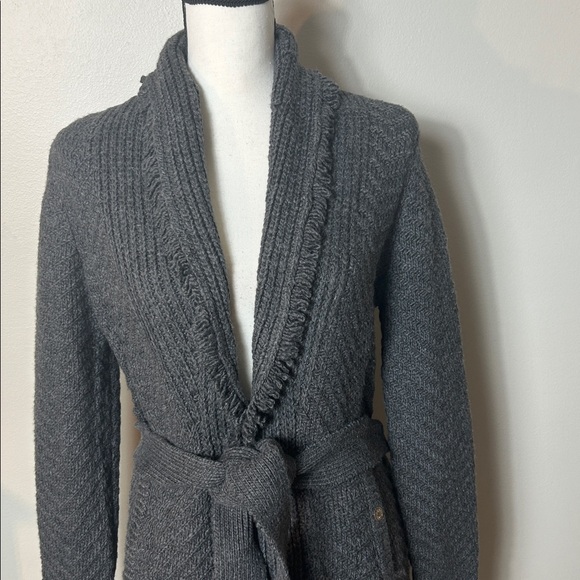 NWT White House Black Market Heather grey fringe shawl collar tie belt cardigan - Picture 5 of 14